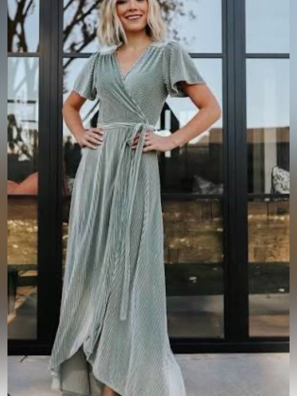 Baltic Born Sage Green Striped Maxi Wrap Dress